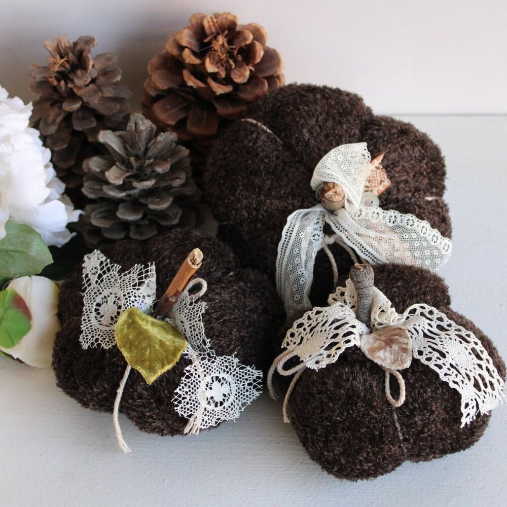 Knit Sweater Pumpkin Pillow Pouf, Upcycled Brown Chenille with Vintage Lace - Picture 9 of 9